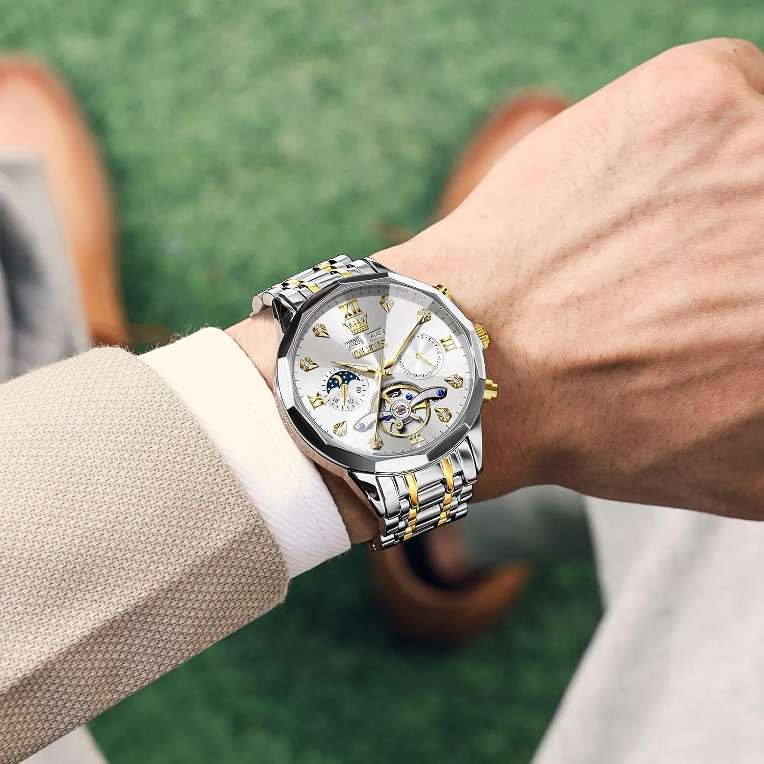 Waterproof Wrist Watch for Men OLEVS Men Automatic Watch accomplish alga Diamond Skeleton Mechanical Luxury Self Winding Moon Phase Calendar 