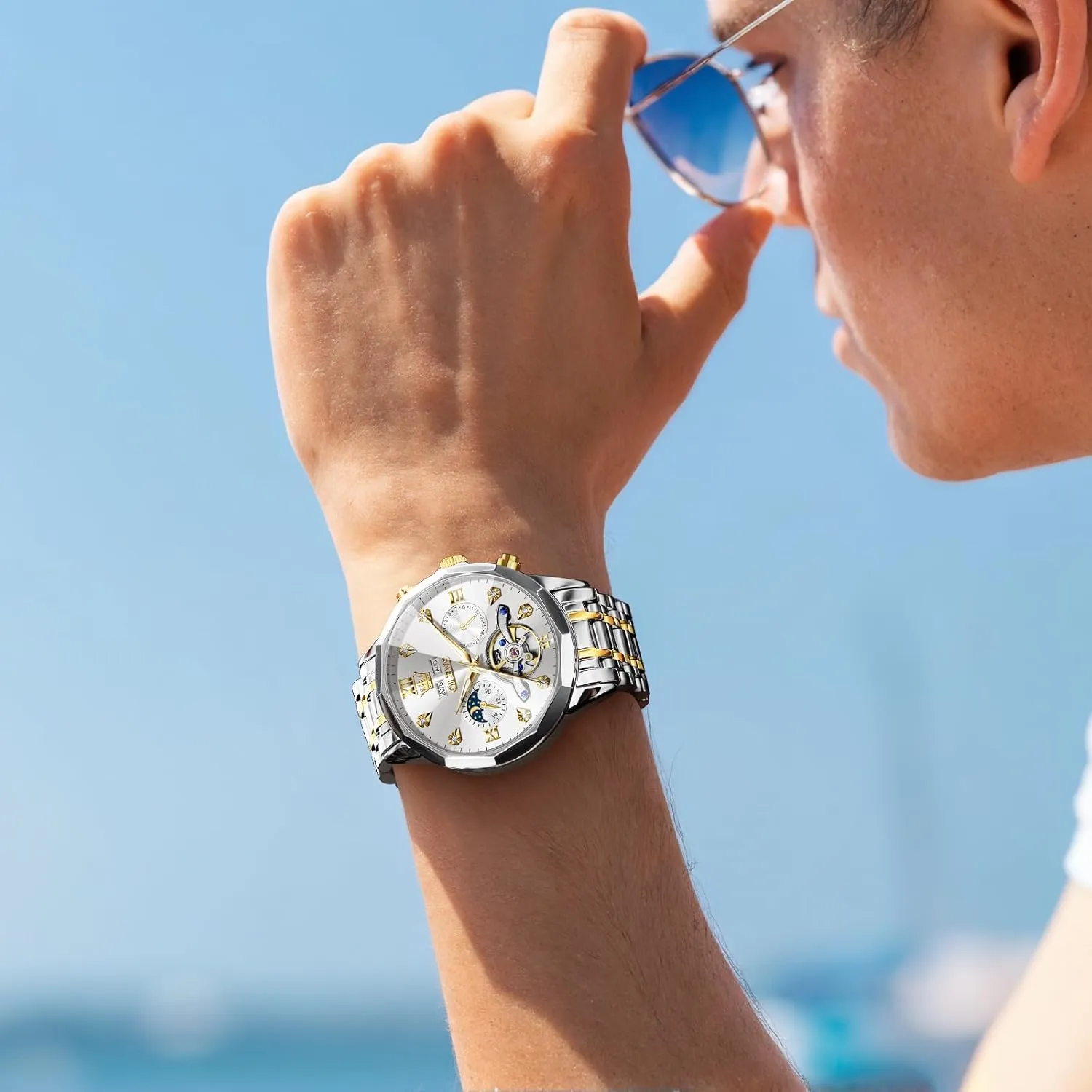 Waterproof Wrist Watch for Men OLEVS Men Automatic Watch accomplish alga Diamond Skeleton Mechanical Luxury Self Winding Moon Phase Calendar 