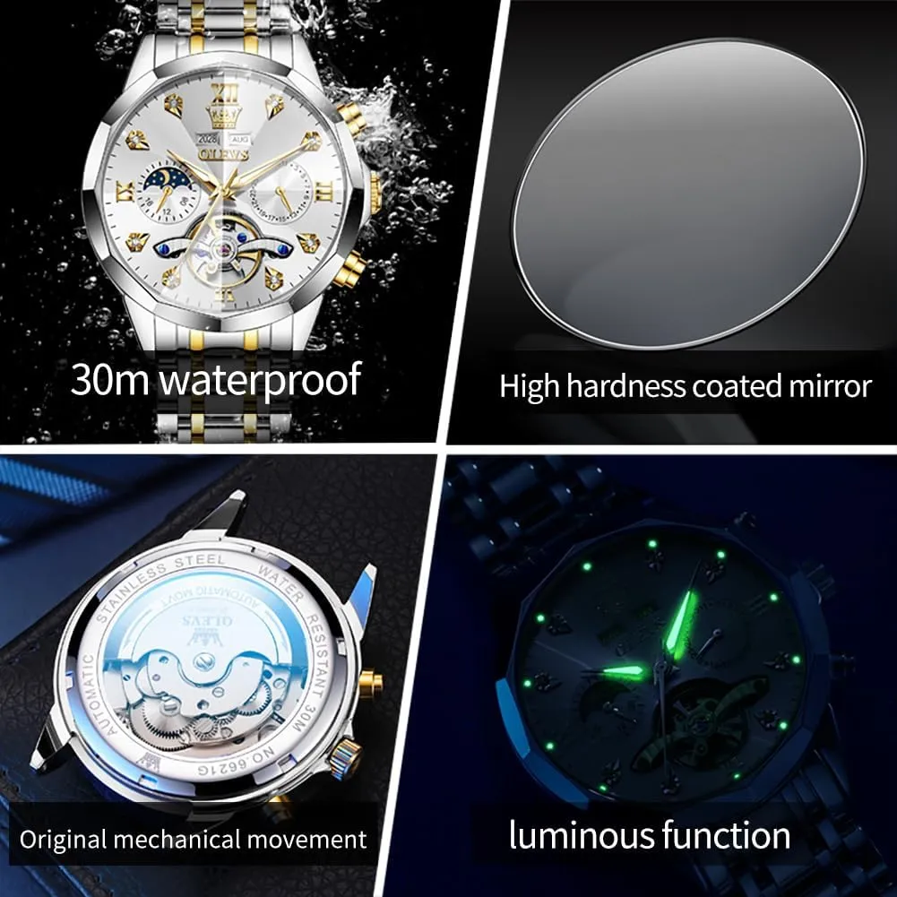Waterproof Wrist Watch for Men OLEVS Men Automatic Watch accomplish alga Diamond Skeleton Mechanical Luxury Self Winding Moon Phase Calendar 