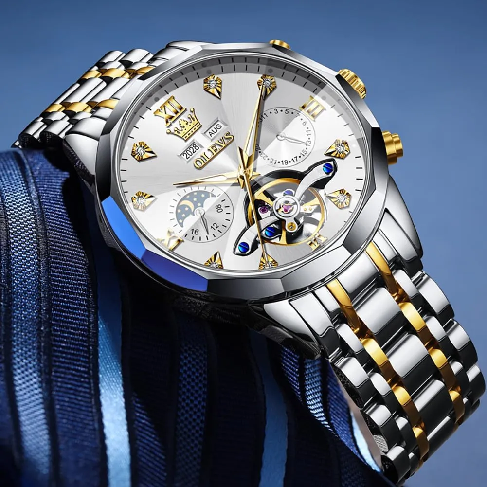 Waterproof Wrist Watch for Men OLEVS Men Automatic Watch accomplish alga Diamond Skeleton Mechanical Luxury Self Winding Moon Phase Calendar 