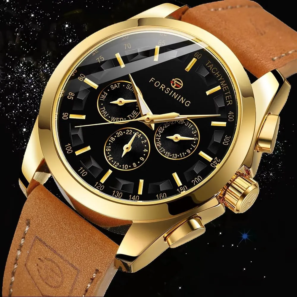 Week and 24-Hour Display FORSINING Wristwatch for Man Waterproof Luminous career transmit Multifunctional Automatic Mechanical Watch Luxury Gold Black Leather Men's Watches Calendar 