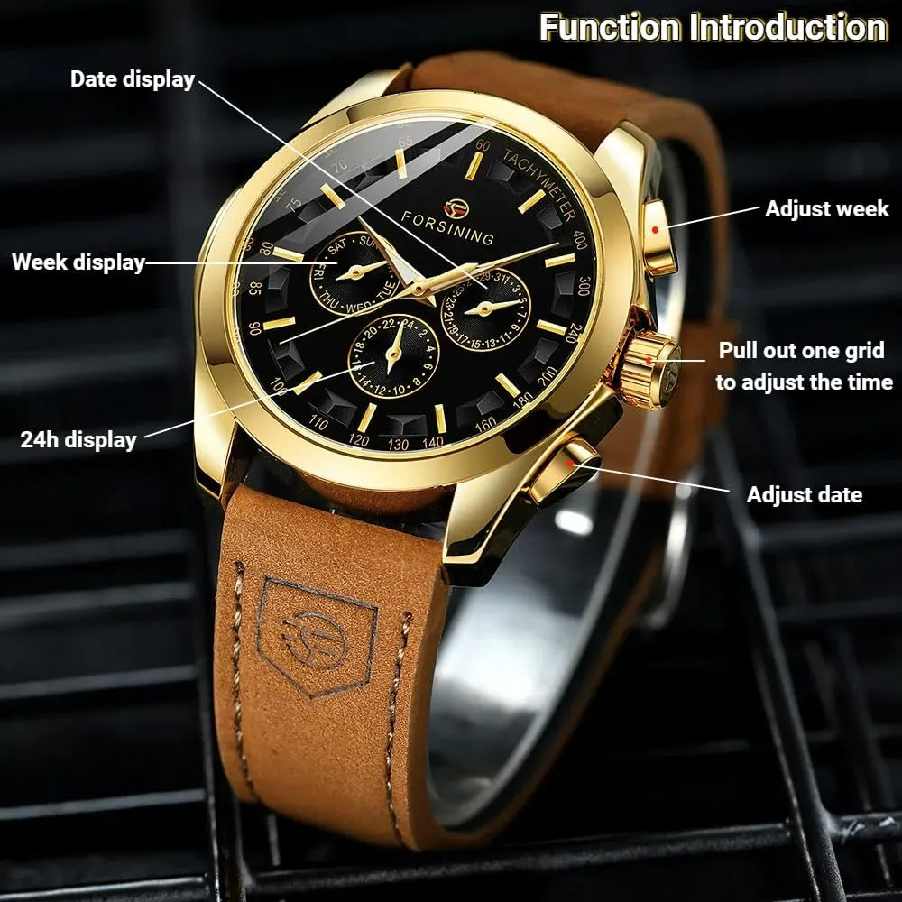 Week and 24-Hour Display FORSINING Wristwatch for Man Waterproof Luminous career transmit Multifunctional Automatic Mechanical Watch Luxury Gold Black Leather Men's Watches Calendar 