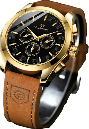 Week and 24-Hour Display FORSINING Wristwatch for Man Waterproof Luminous career transmit Multifunctional Automatic Mechanical Watch Luxury Gold Black Leather Men's Watches Calendar 