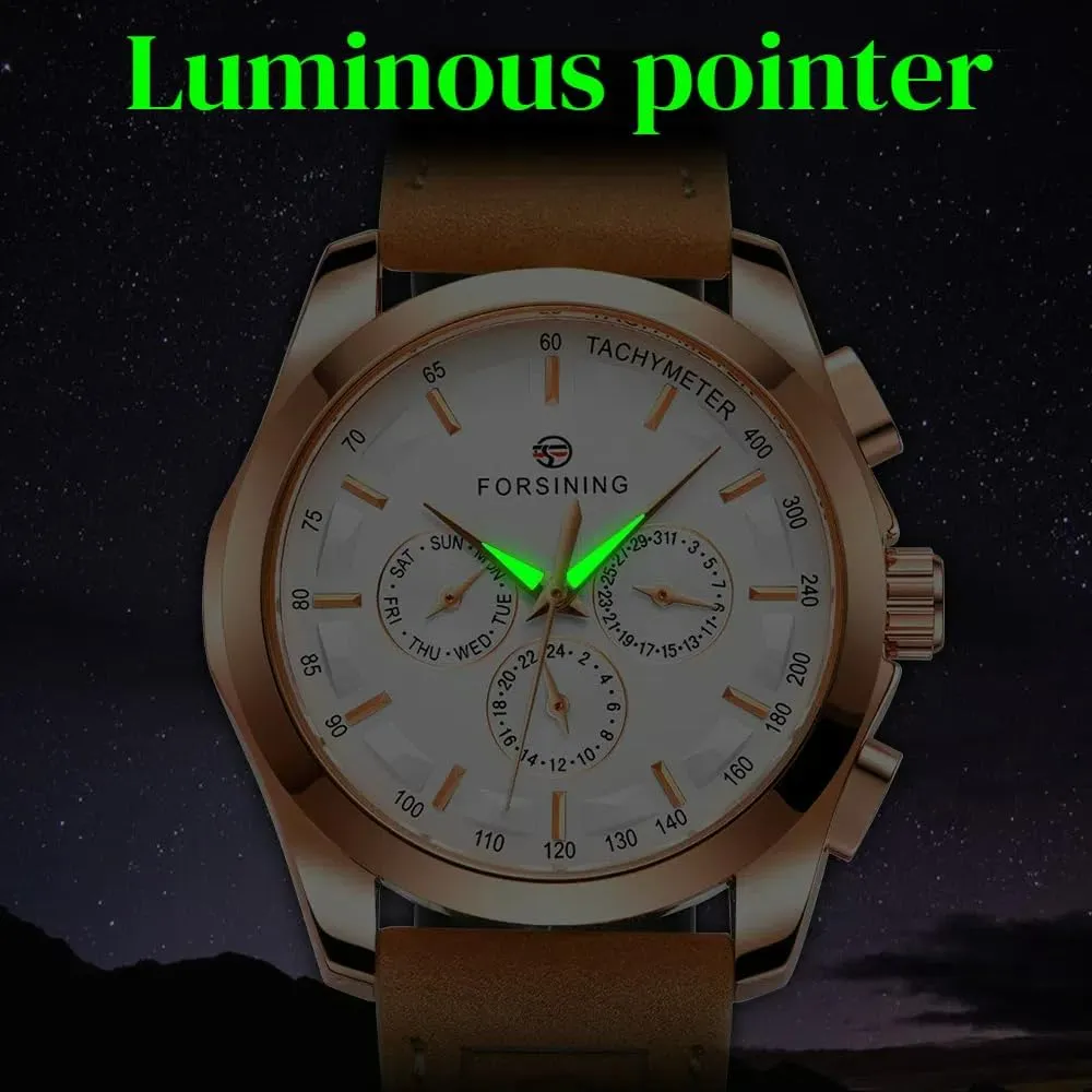Week and 24-Hour Display FORSINING Wristwatch for Man Waterproof Luminous career transmit Multifunctional Automatic Mechanical Watch Luxury Gold Black Leather Men's Watches Calendar 