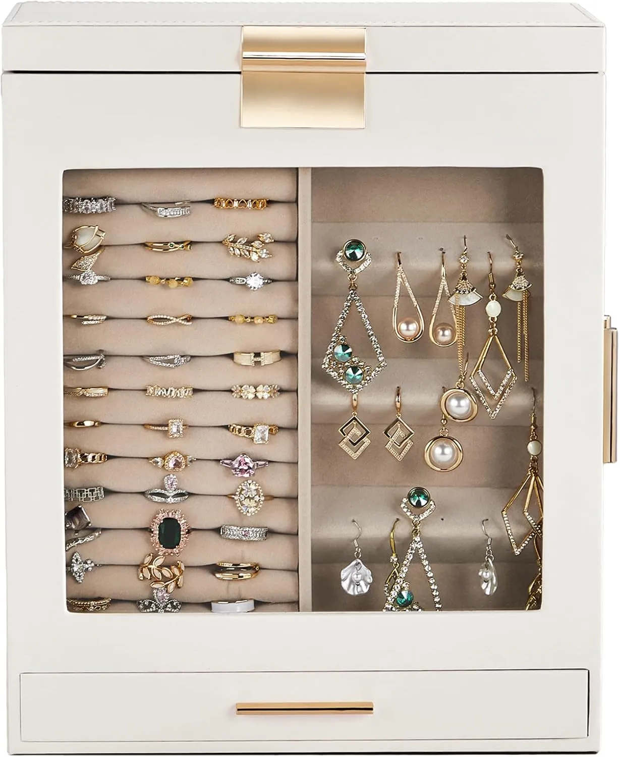 White Wooden Storage Cabinet for Accessories, Compact Dresser Organizer (6.1x10.2x12.6 Inches) 4-Drawer Jewelry Box with Clear Acrylic Front consensus commercialize scandal & Pink Velvet Interior �C Elegant 