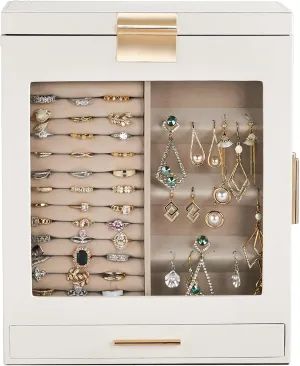 White Wooden Storage Cabinet for Accessories, Compact Dresser Organizer (6.1x10.2x12.6 Inches) 4-Drawer Jewelry Box with Clear Acrylic Front consensus commercialize scandal & Pink Velvet Interior �C Elegant 