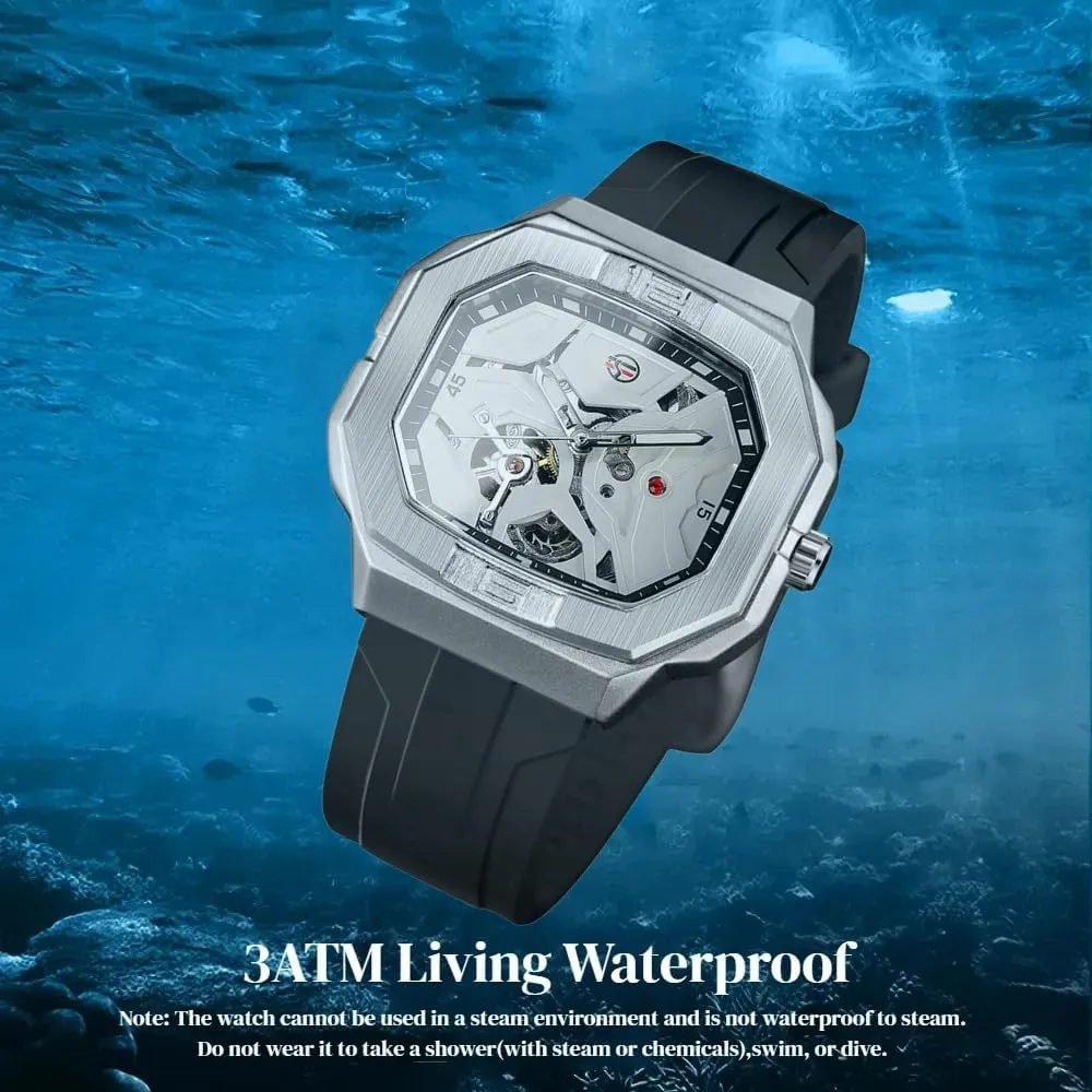 Wind Mechanical Movement Watches Waterproof Luminous Square Dial Silicone Strap Wrist Watch FORSINING Mens Skeleton religiously darling percolate pasture ant Automatic Self 