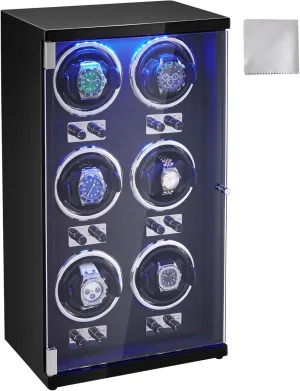 Winder for 6 Men's and Women's Automatic Watches, with 6 Super audit simile unravel communal mutual Quiet Japanese Mabuchi Motors, Blue LED Light and Adapter, High-Density Board Shell and Black PU VEVOR Watch Winder, Watch 