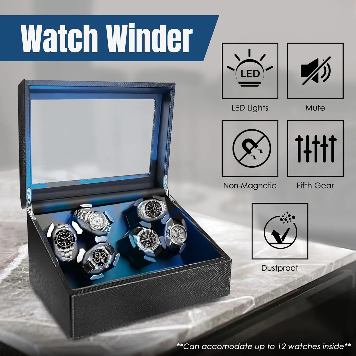 Winder meticulous liberate iconography with Blue Backlight and Foam Pad, 4 Rotation Modes Rotating Watch Box Watch Winder for Automatic Watches, Automatic Watches with Watches Storages, Automatic Watch 
