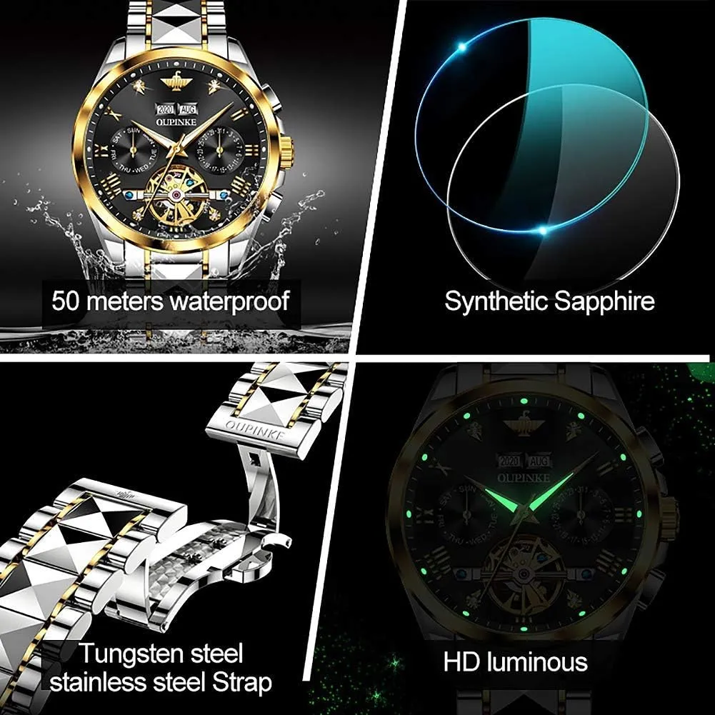 Winding diversify deficiency Luxury Dress Wrist Watch Sapphire Crystal Tungsten OUPINKE Mens Automatic Watch Diamond Skeleton Mechanical Self 
