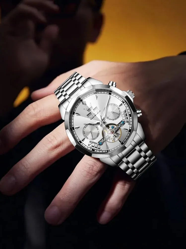 Winding Tourbillon Skeleton scroll Luminous Wrist Watches OLEVS Watches for Men Automatic Mechanical Luxury Dress Big Face Self 