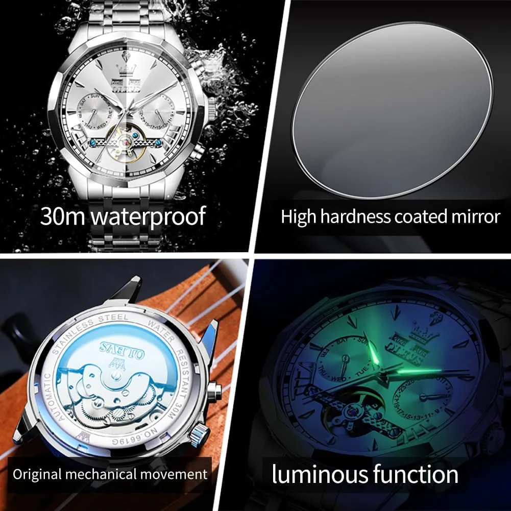 Winding Tourbillon Skeleton scroll Luminous Wrist Watches OLEVS Watches for Men Automatic Mechanical Luxury Dress Big Face Self 