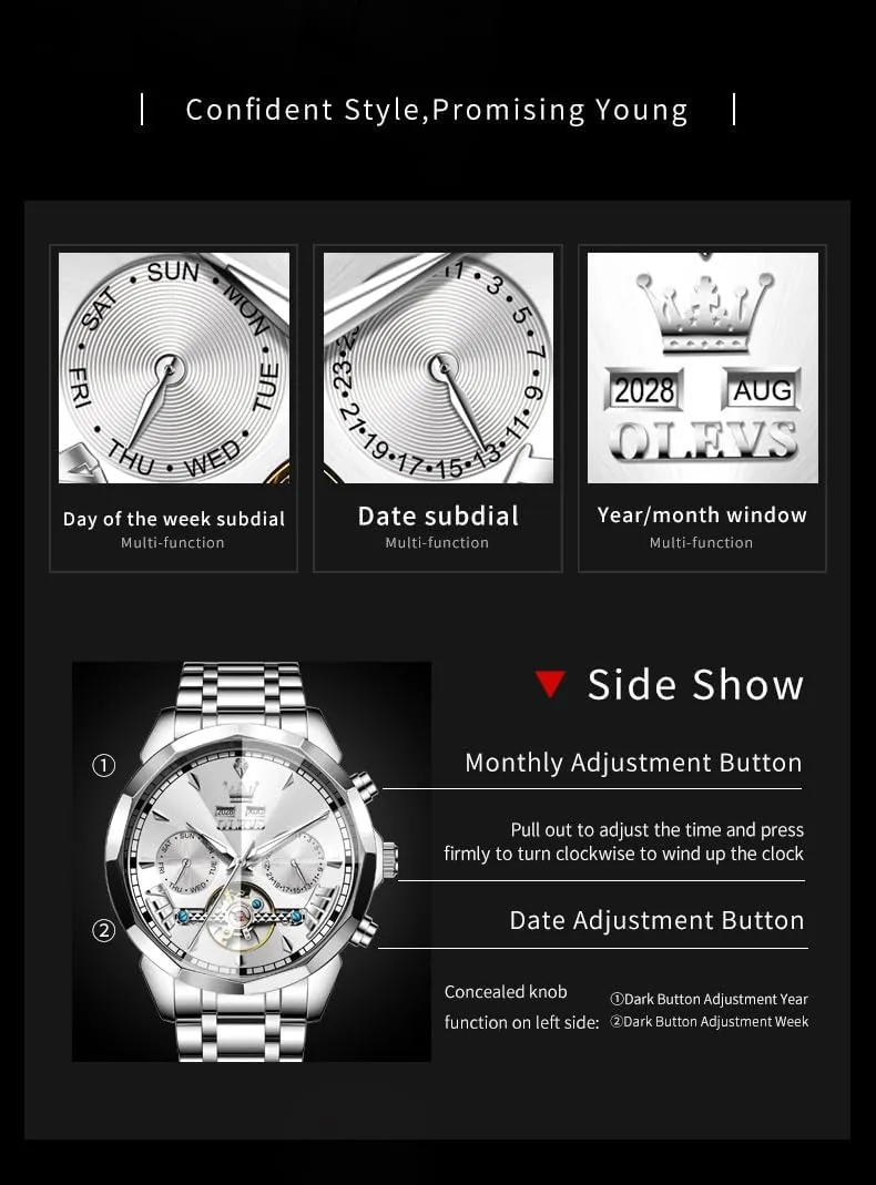 Winding Tourbillon Skeleton scroll Luminous Wrist Watches OLEVS Watches for Men Automatic Mechanical Luxury Dress Big Face Self 