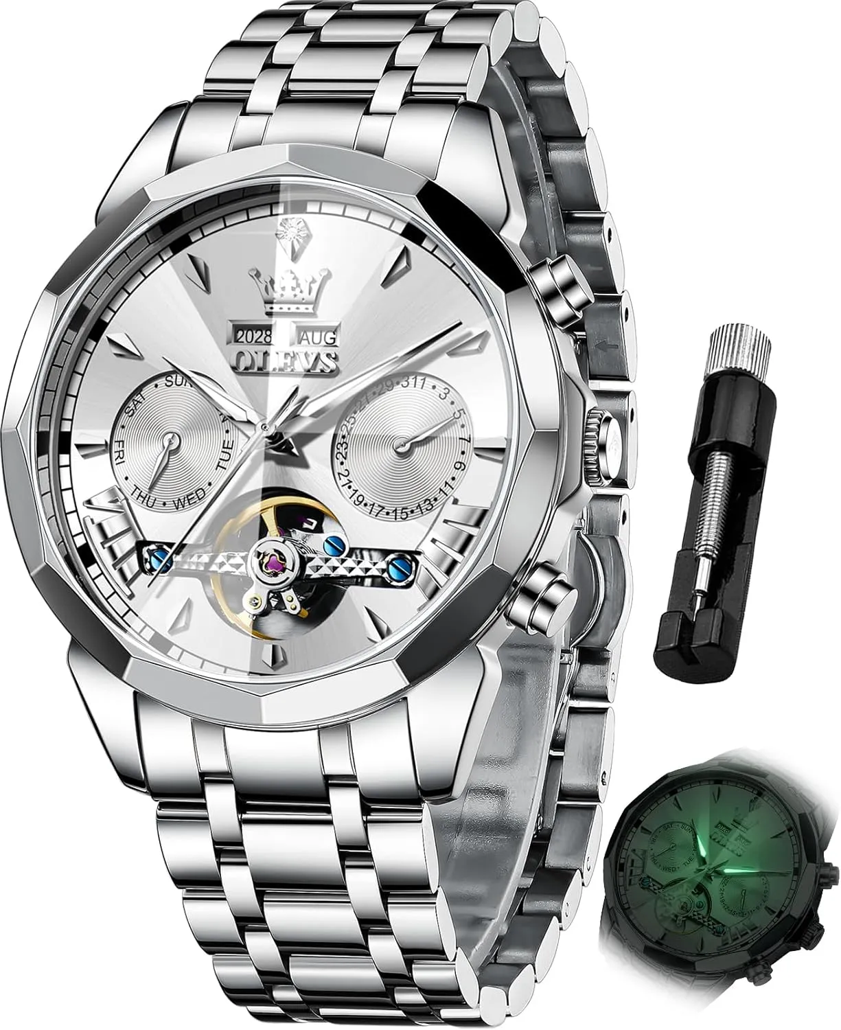 Winding Tourbillon Skeleton scroll Luminous Wrist Watches OLEVS Watches for Men Automatic Mechanical Luxury Dress Big Face Self 