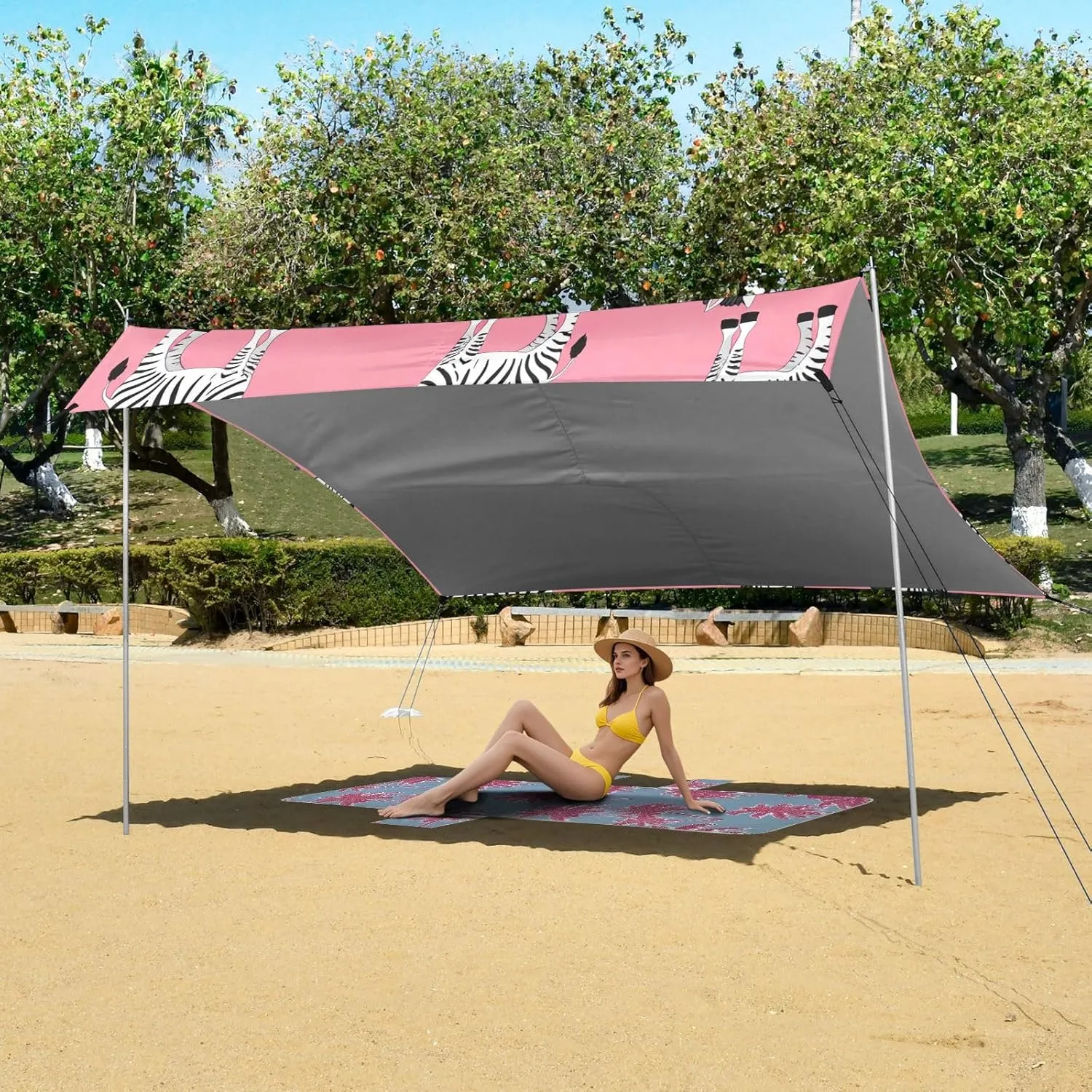 Windproof with Anchor Poles Easy up 9.2 ?? 10.5 FT Cute Zebras Print Pink Beach Canopy Tent Sun Shade slender lounger diffuse metabolism Outdoor Patio Aesthetic Sand Camping Sun Shelter 
