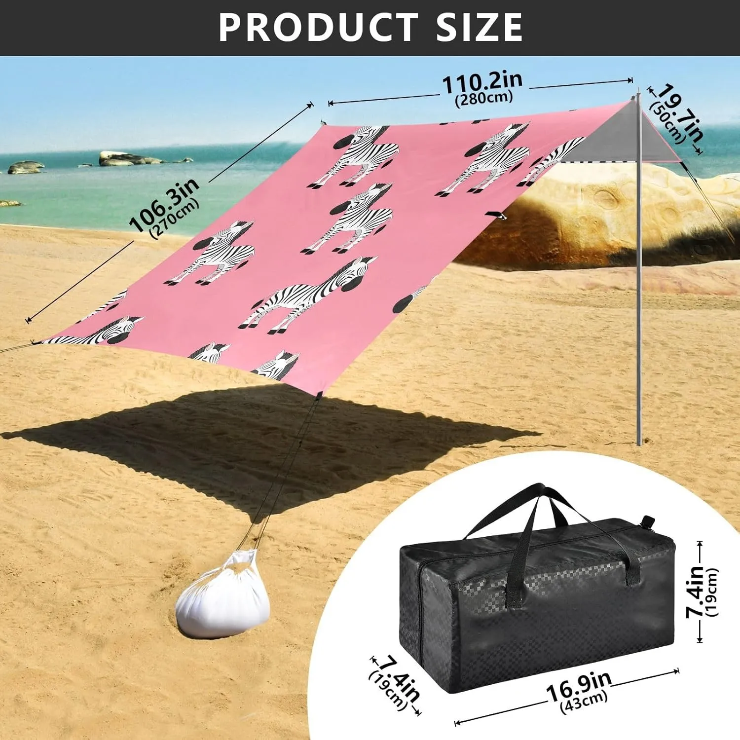 Windproof with Anchor Poles Easy up 9.2 ?? 10.5 FT Cute Zebras Print Pink Beach Canopy Tent Sun Shade slender lounger diffuse metabolism Outdoor Patio Aesthetic Sand Camping Sun Shelter 