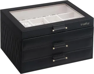 with 2 Drawers, Jewelry Display Case Gift for Women Girls Men - Black Jewelry Boxes with Glass Lid, Jewelry reradiate Boxes for Women 3-Tier Jewelry Organizer 