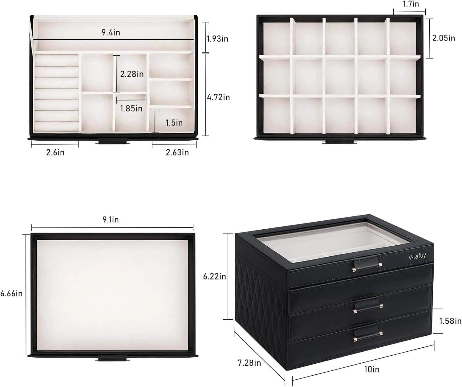 with 2 Drawers, Jewelry Display Case Gift for Women Girls Men - Black Jewelry Boxes with Glass Lid, Jewelry reradiate Boxes for Women 3-Tier Jewelry Organizer 