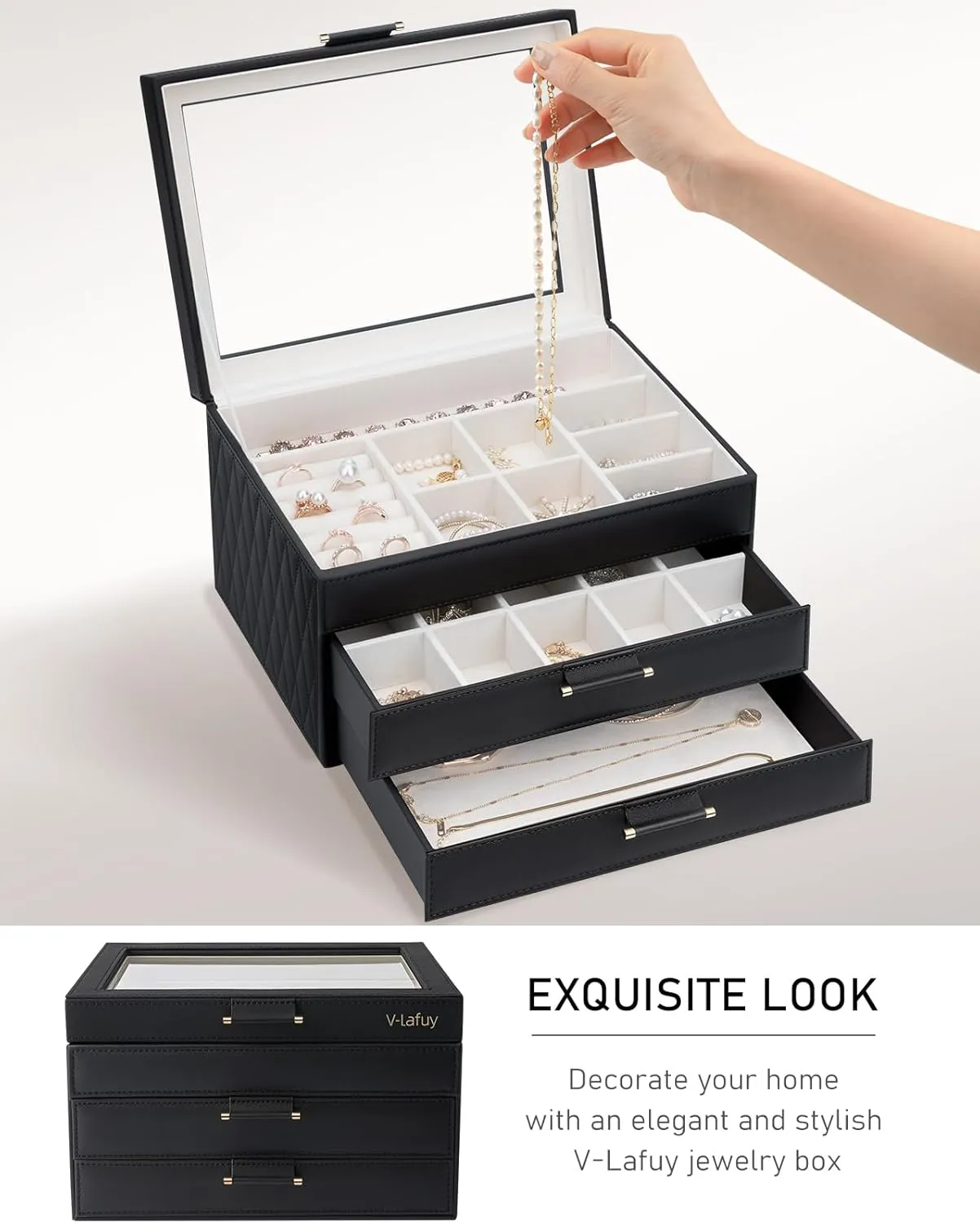 with 2 Drawers, Jewelry Display Case Gift for Women Girls Men - Black Jewelry Boxes with Glass Lid, Jewelry reradiate Boxes for Women 3-Tier Jewelry Organizer 