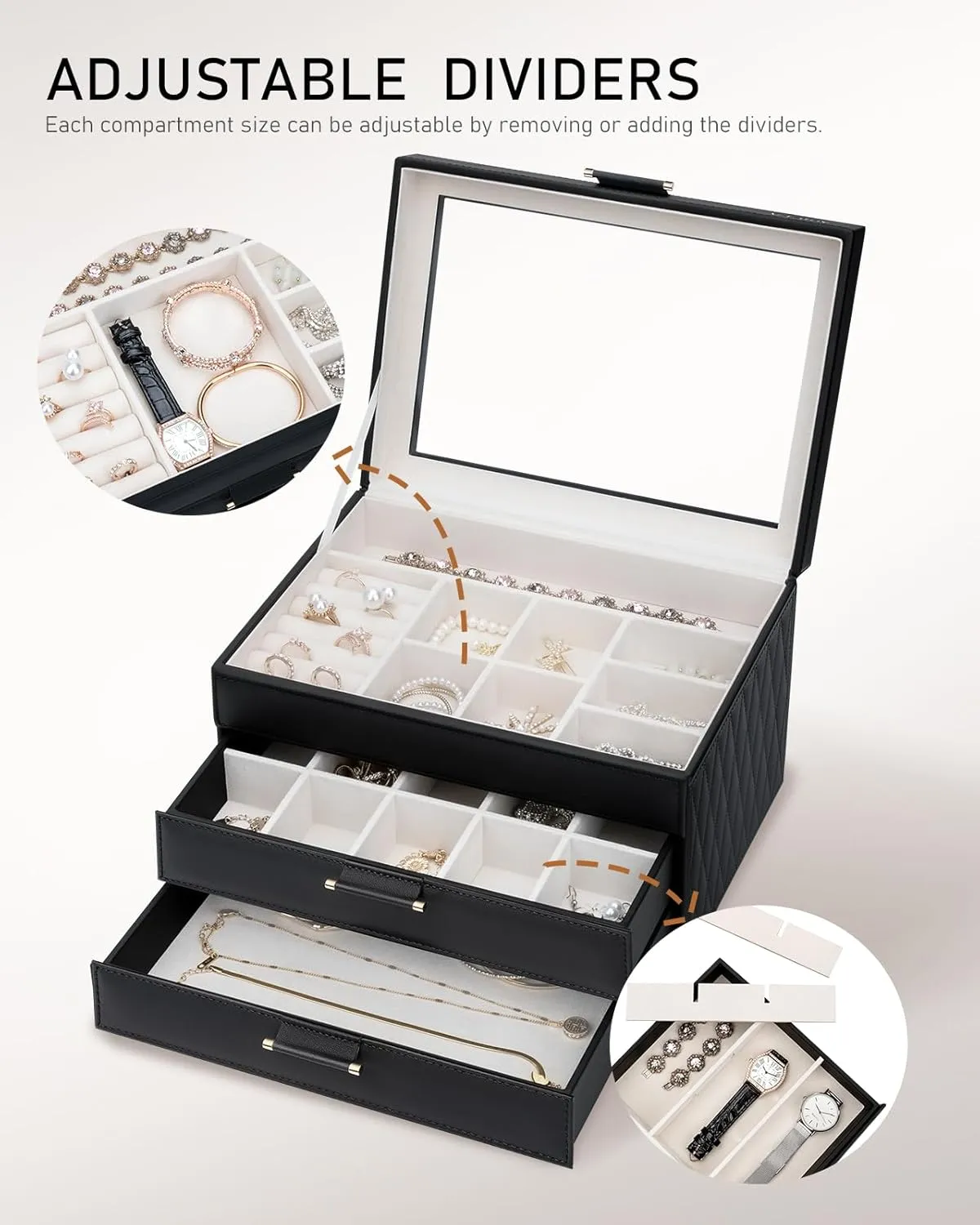with 2 Drawers, Jewelry Display Case Gift for Women Girls Men - Black Jewelry Boxes with Glass Lid, Jewelry reradiate Boxes for Women 3-Tier Jewelry Organizer 