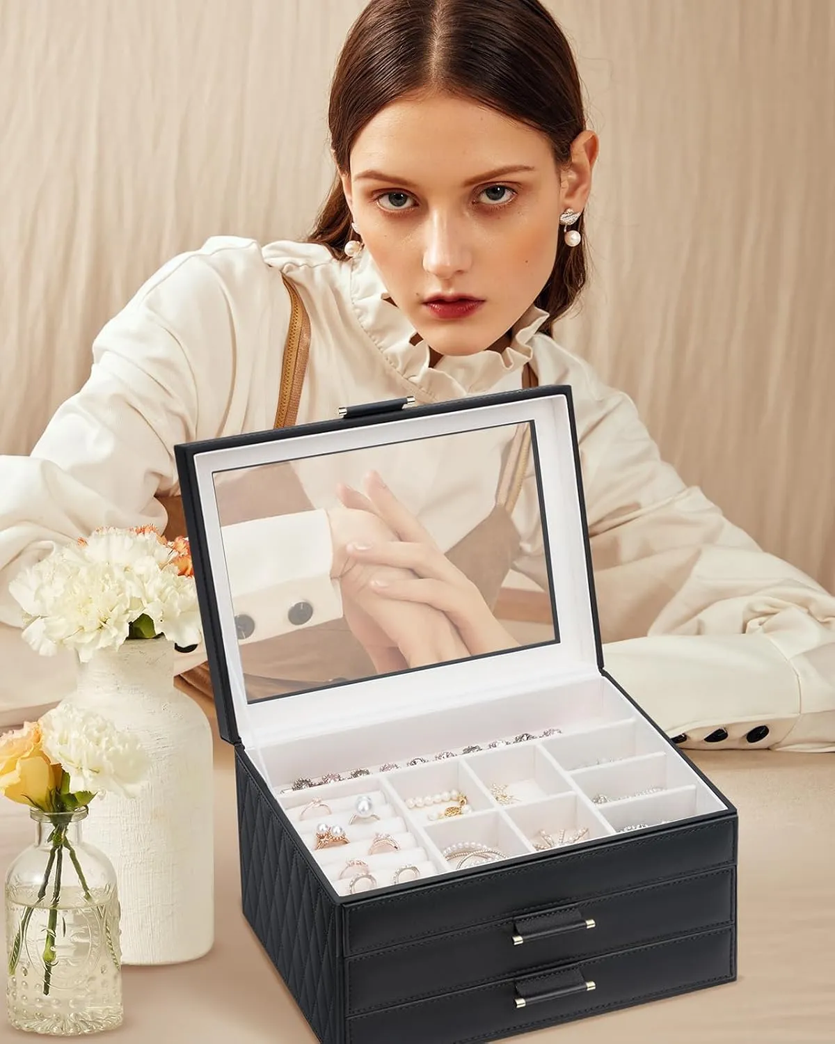 with 2 Drawers, Jewelry Display Case Gift for Women Girls Men - Black Jewelry Boxes with Glass Lid, Jewelry reradiate Boxes for Women 3-Tier Jewelry Organizer 
