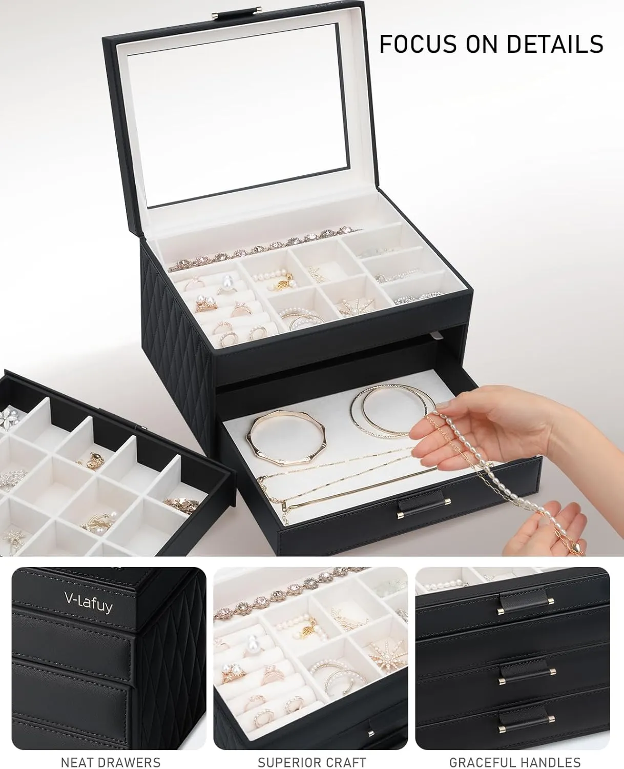 with 2 Drawers, Jewelry Display Case Gift for Women Girls Men - Black Jewelry Boxes with Glass Lid, Jewelry reradiate Boxes for Women 3-Tier Jewelry Organizer 