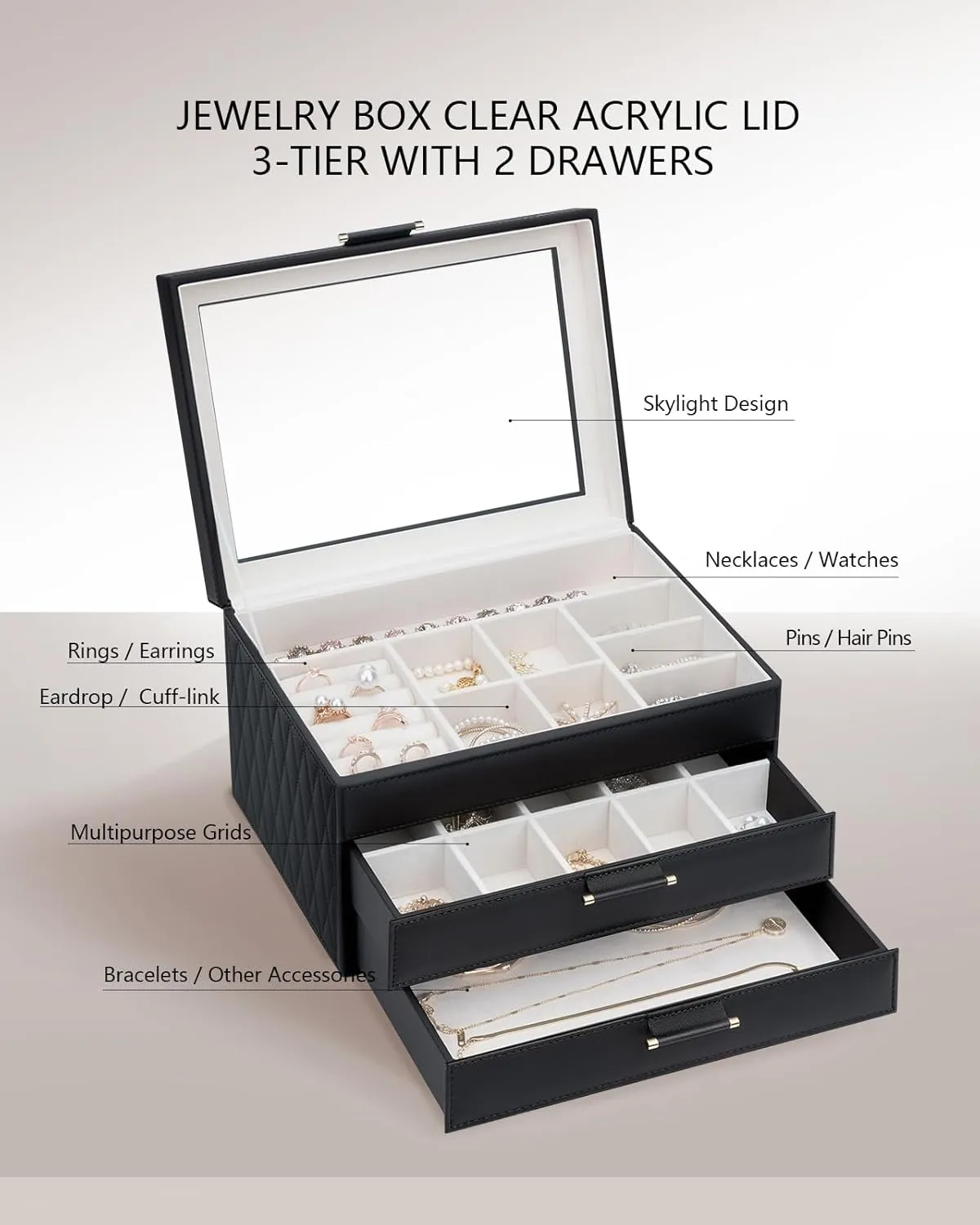 with 2 Drawers, Jewelry Display Case Gift for Women Girls Men - Black Jewelry Boxes with Glass Lid, Jewelry reradiate Boxes for Women 3-Tier Jewelry Organizer 