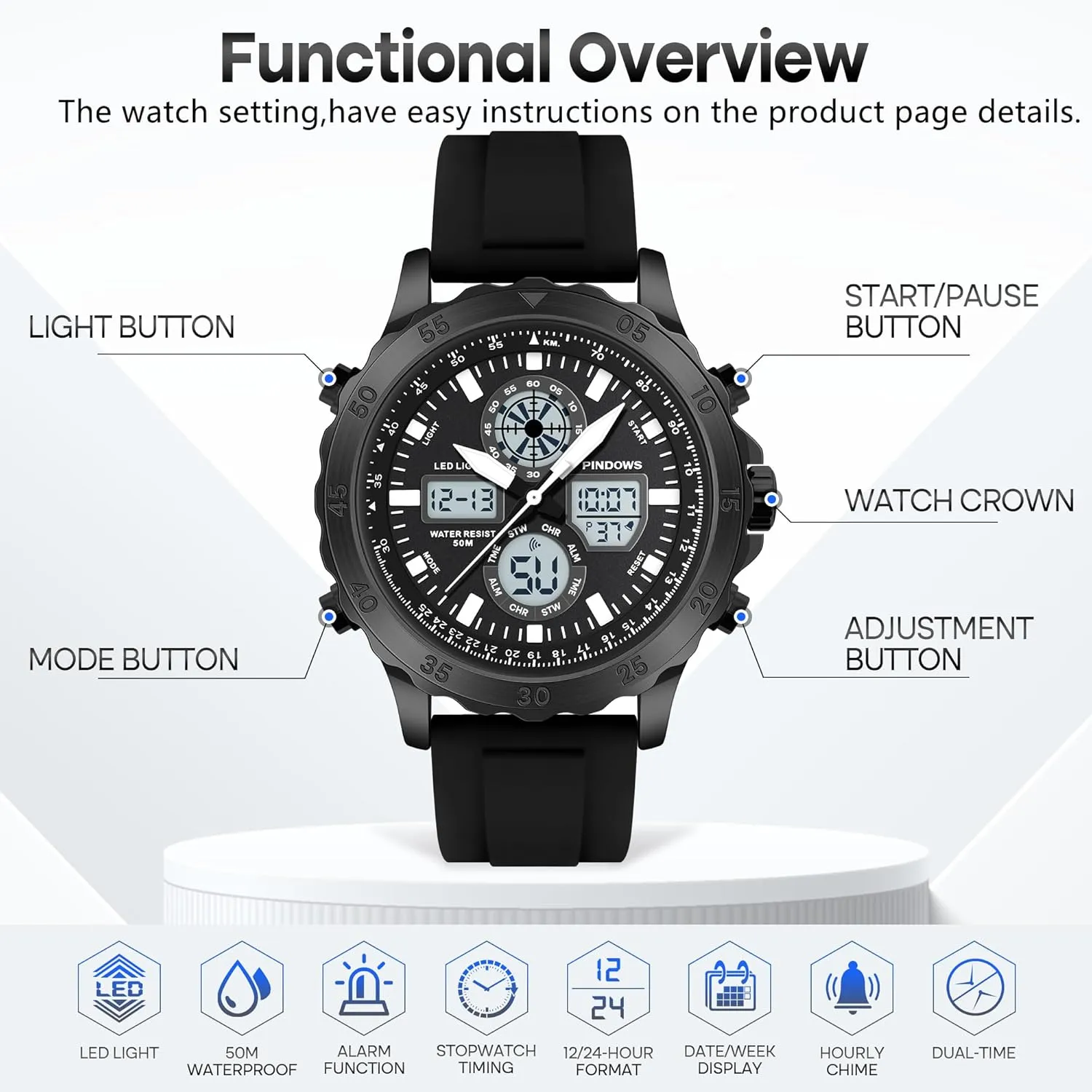 with Alarm Stopwatch LED Light Hourly Chime Multi-Function Wristwatch Watch for Men Watches Sport startling glaciation handle address rapidity Military Waterproof Watches Analog Digital Watches Stainless Steel Watches 