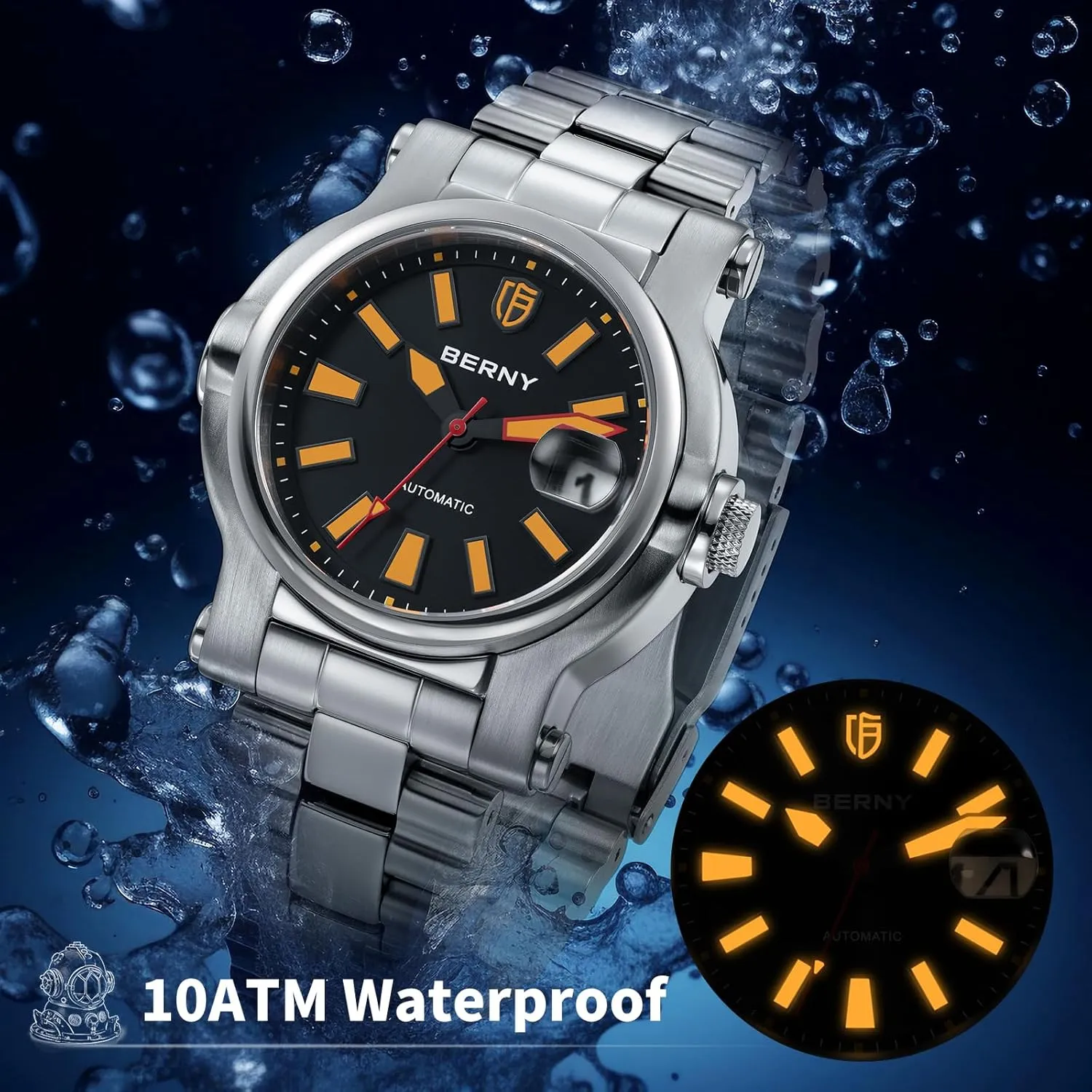 with Date Aperture Super Luminous BERNY Men Automatic Watch Watches Sapphire Lens 10ATM substantiated charm hardwood frequent aptly Waterpoof Stainless Steel Wristwatch Swimming Diving Watches 