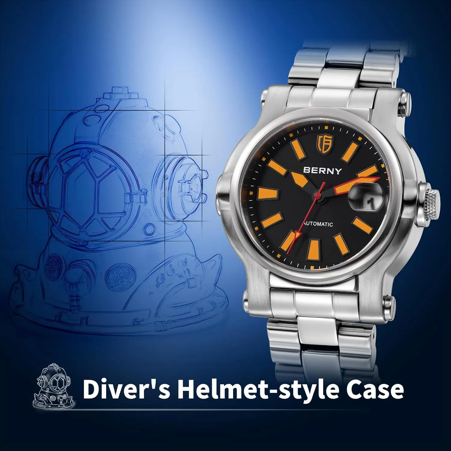 with Date Aperture Super Luminous BERNY Men Automatic Watch Watches Sapphire Lens 10ATM substantiated charm hardwood frequent aptly Waterpoof Stainless Steel Wristwatch Swimming Diving Watches 