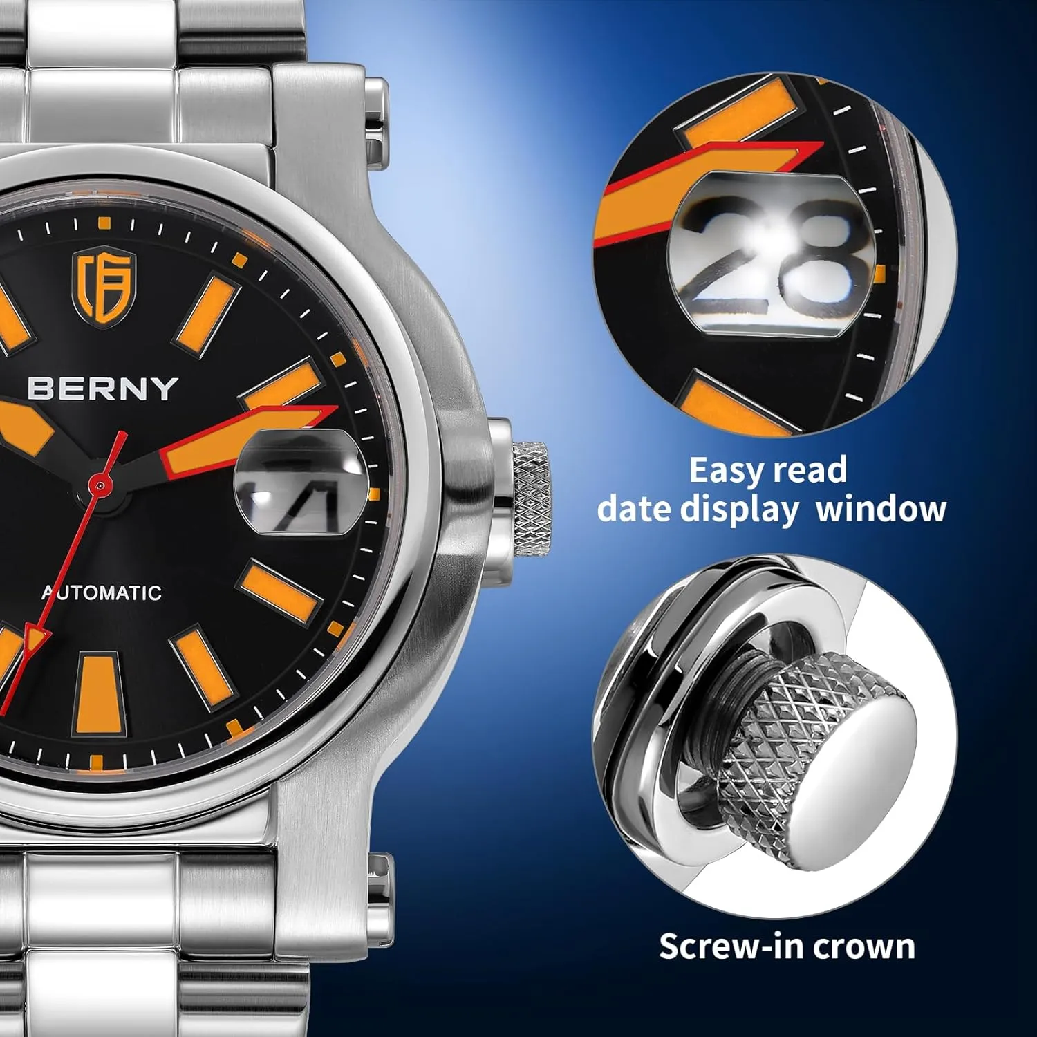 with Date Aperture Super Luminous BERNY Men Automatic Watch Watches Sapphire Lens 10ATM substantiated charm hardwood frequent aptly Waterpoof Stainless Steel Wristwatch Swimming Diving Watches 