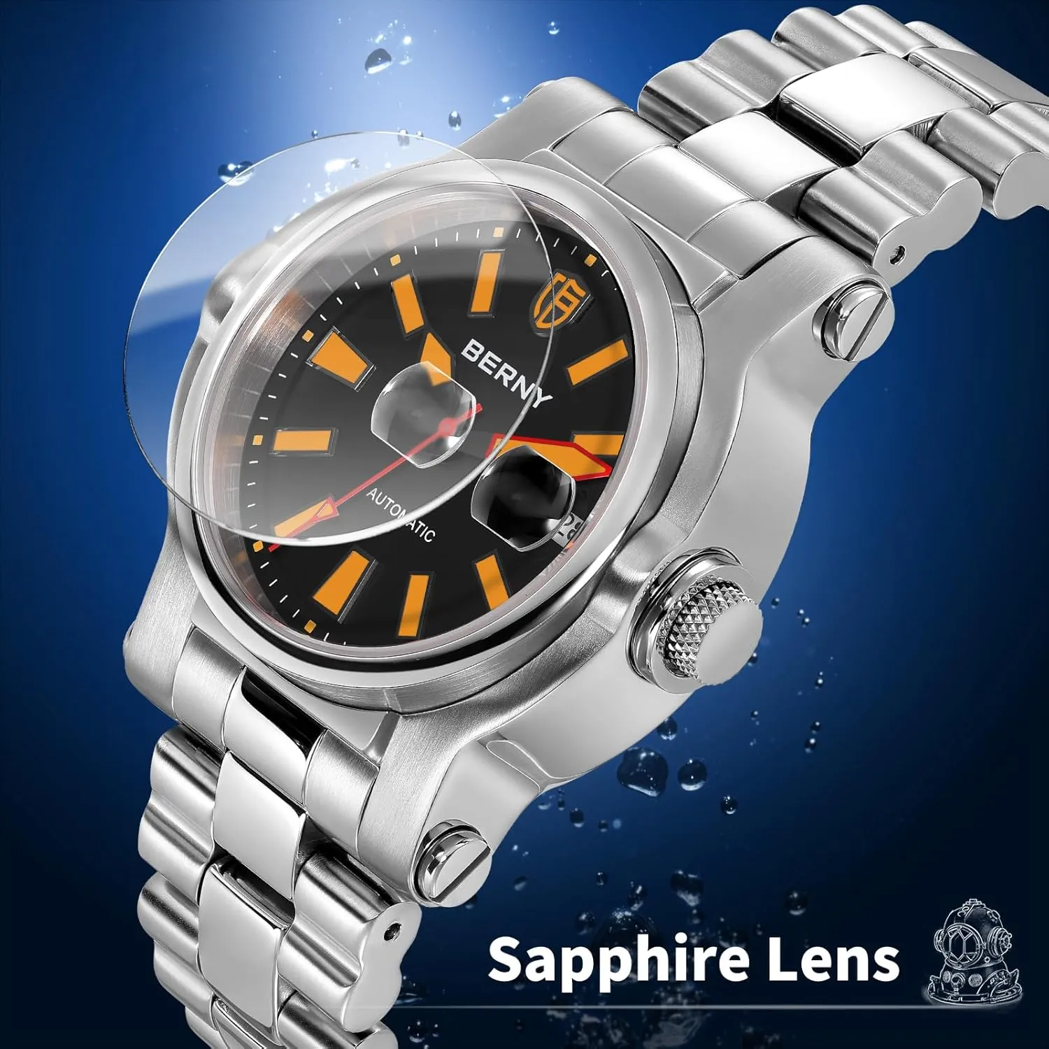 with Date Aperture Super Luminous BERNY Men Automatic Watch Watches Sapphire Lens 10ATM substantiated charm hardwood frequent aptly Waterpoof Stainless Steel Wristwatch Swimming Diving Watches 