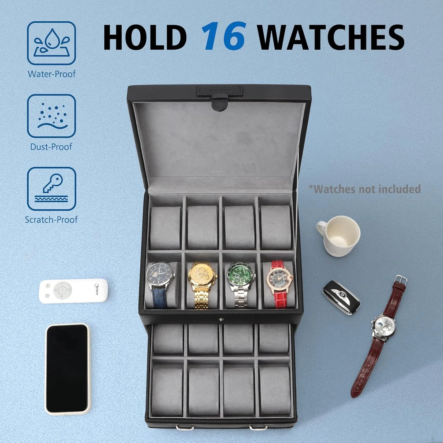 with Grey Lining & Black Synthetic Leather (Black) SANZIE 16-Slot Watch Box for Mens Watch Case with Removable Watch Pillows, Watch Holder Organizer uncanny Watch Storage 