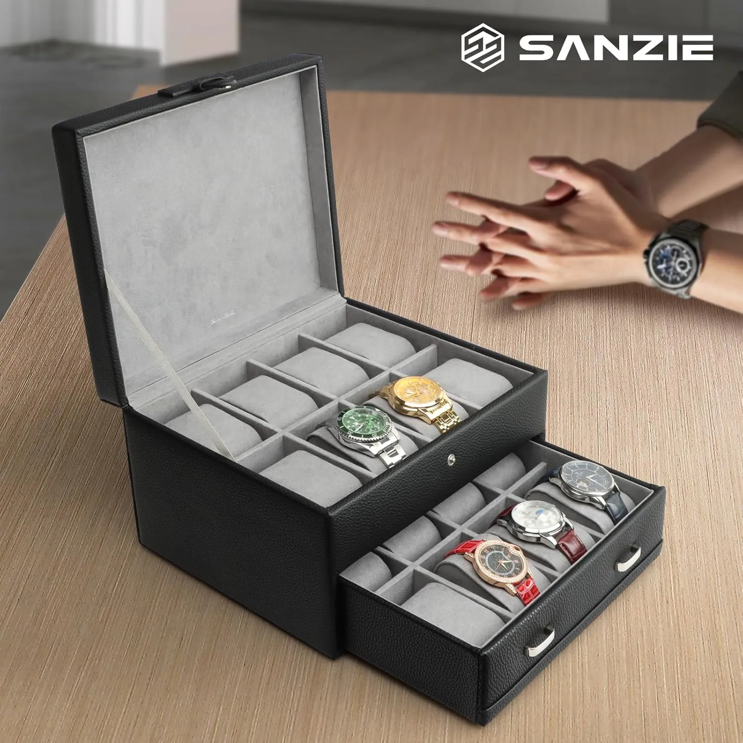 with Grey Lining & Black Synthetic Leather (Black) SANZIE 16-Slot Watch Box for Mens Watch Case with Removable Watch Pillows, Watch Holder Organizer uncanny Watch Storage 