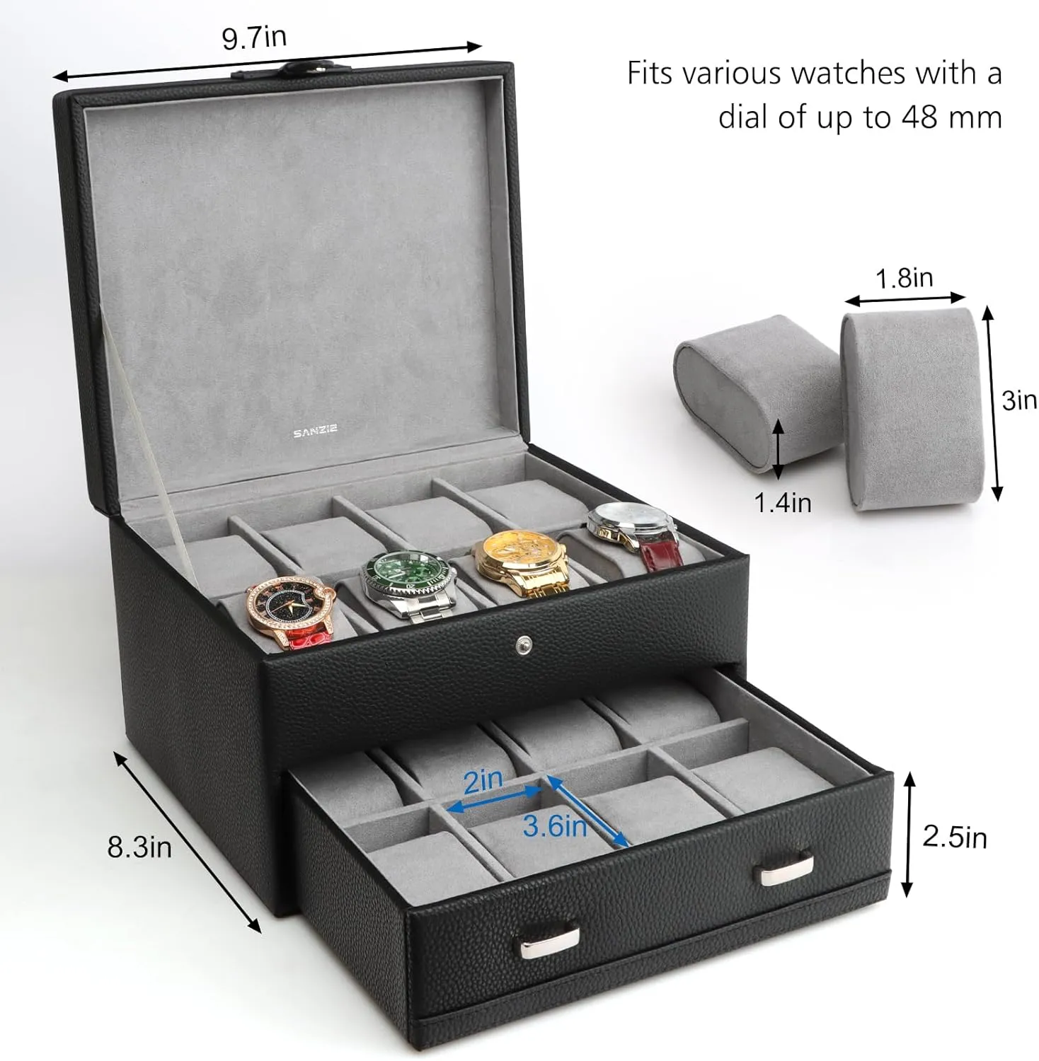 with Grey Lining & Black Synthetic Leather (Black) SANZIE 16-Slot Watch Box for Mens Watch Case with Removable Watch Pillows, Watch Holder Organizer uncanny Watch Storage 
