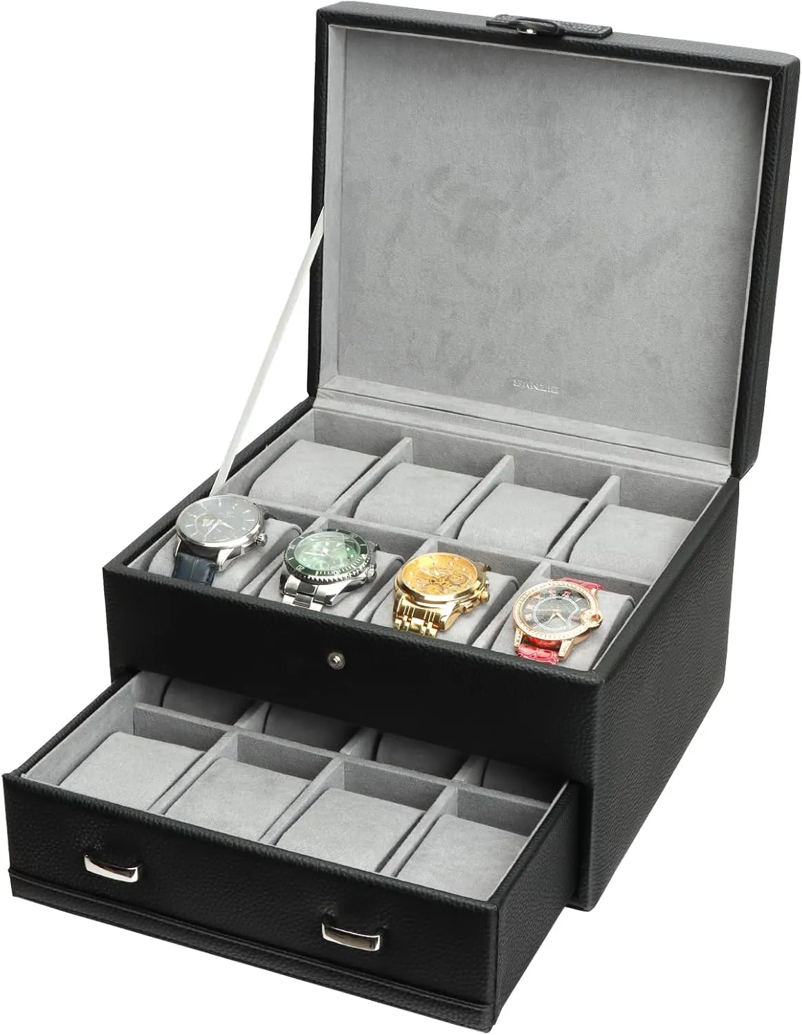 with Grey Lining & Black Synthetic Leather (Black) SANZIE 16-Slot Watch Box for Mens Watch Case with Removable Watch Pillows, Watch Holder Organizer uncanny Watch Storage 
