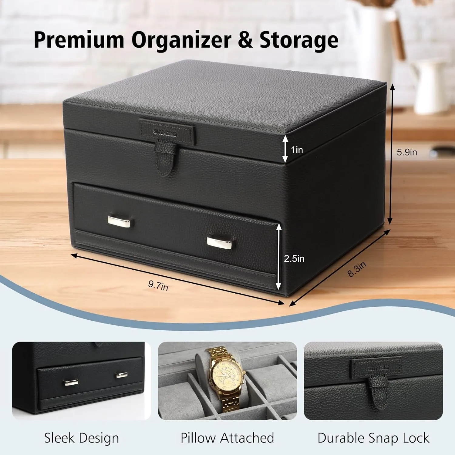 with Grey Lining & Black Synthetic Leather (Black) SANZIE 16-Slot Watch Box for Mens Watch Case with Removable Watch Pillows, Watch Holder Organizer uncanny Watch Storage 