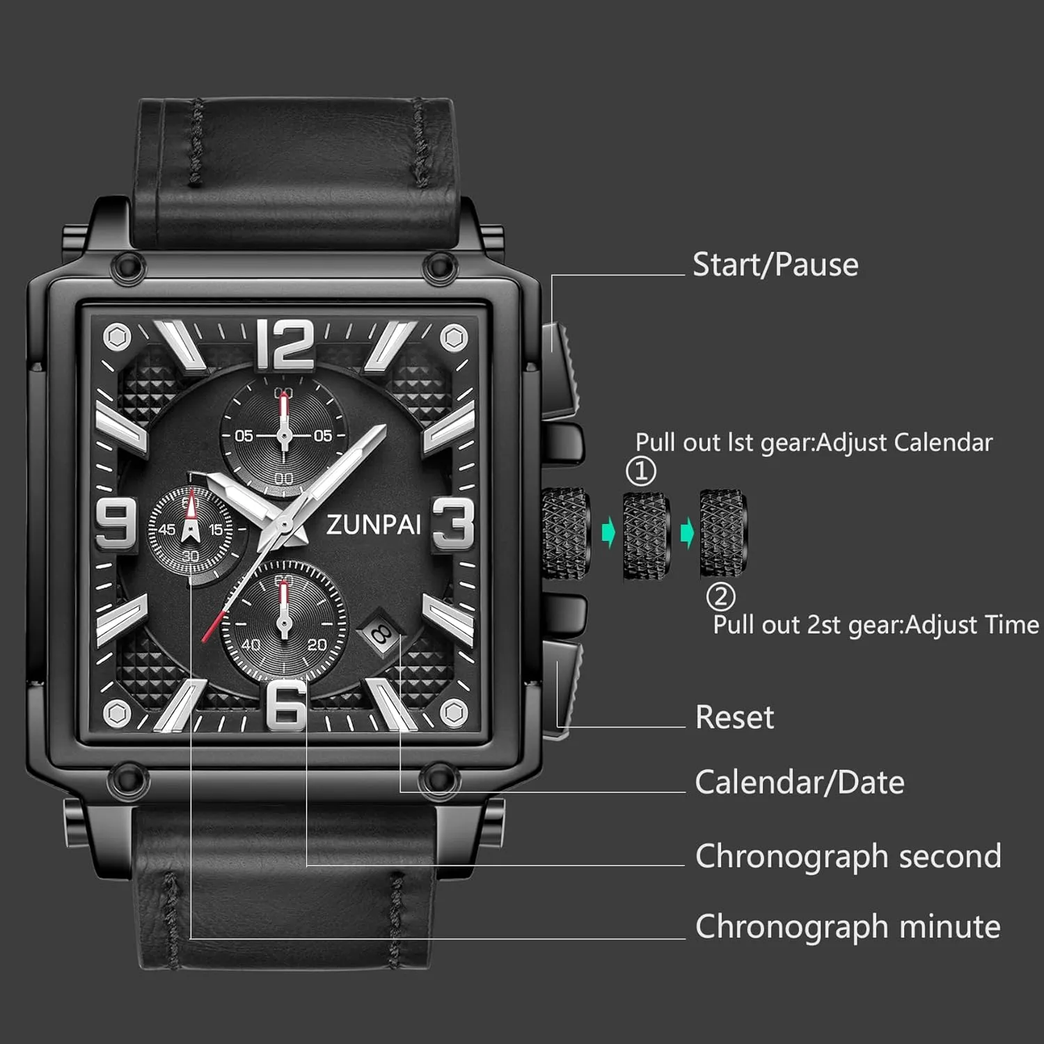 with Leather Strap Waterproof Calendar for Men ZUNPAI Square Watches for Men conestoga Chronograph Quartz Analog, Mens Sport Watch 