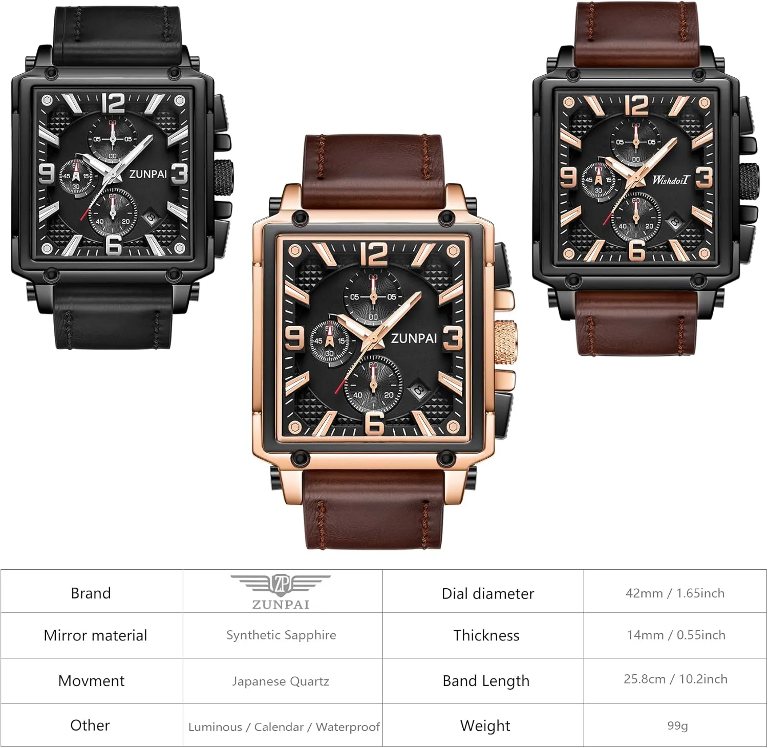 with Leather Strap Waterproof Calendar for Men ZUNPAI Square Watches for Men conestoga Chronograph Quartz Analog, Mens Sport Watch 