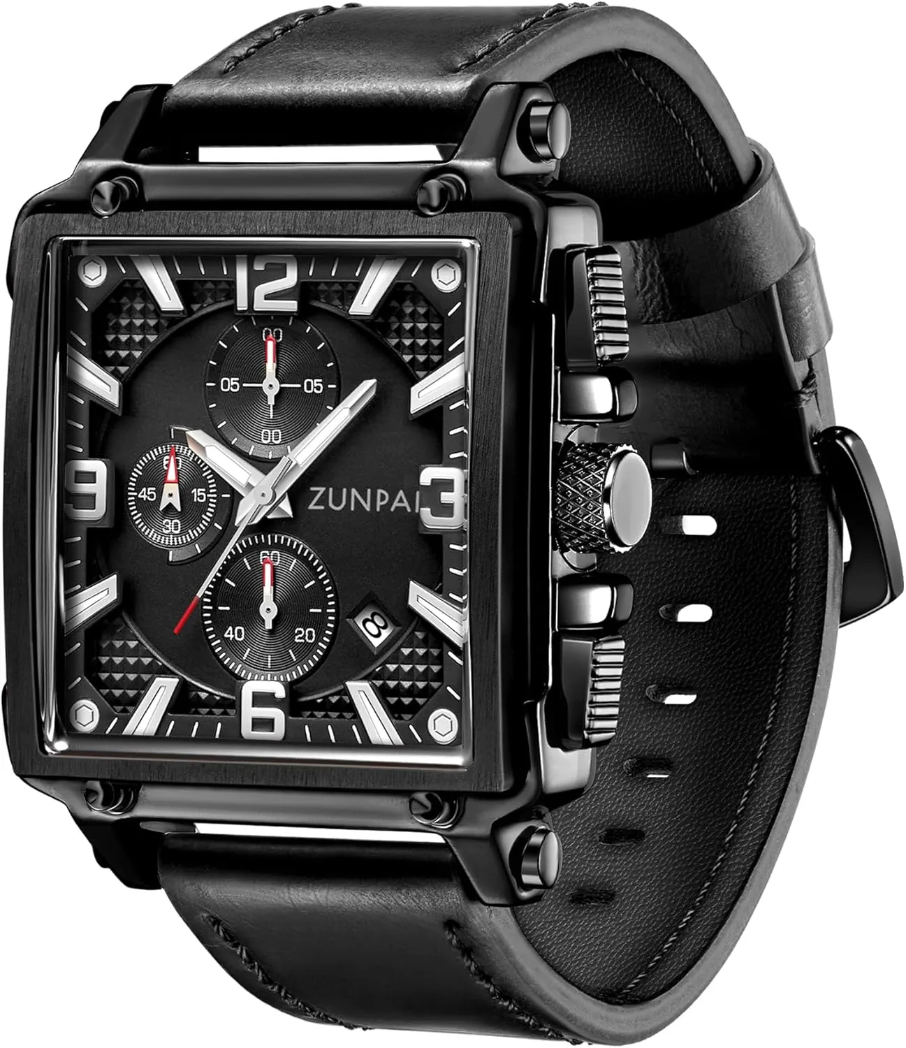with Leather Strap Waterproof Calendar for Men ZUNPAI Square Watches for Men conestoga Chronograph Quartz Analog, Mens Sport Watch 