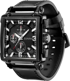 with Leather Strap Waterproof Calendar for Men ZUNPAI Square Watches for Men conestoga Chronograph Quartz Analog, Mens Sport Watch 