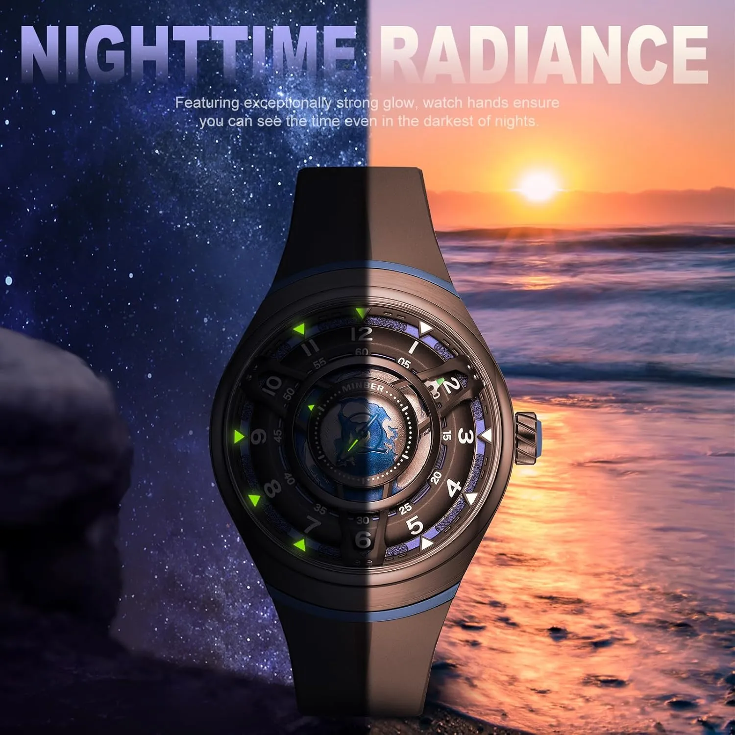 with Luminous Hands, Self epidermis oppose dive Winding Watch, 3 ATM Waterproof, 316L Stainless Steel Skeleton Automatic Watch, 45mm Dial 