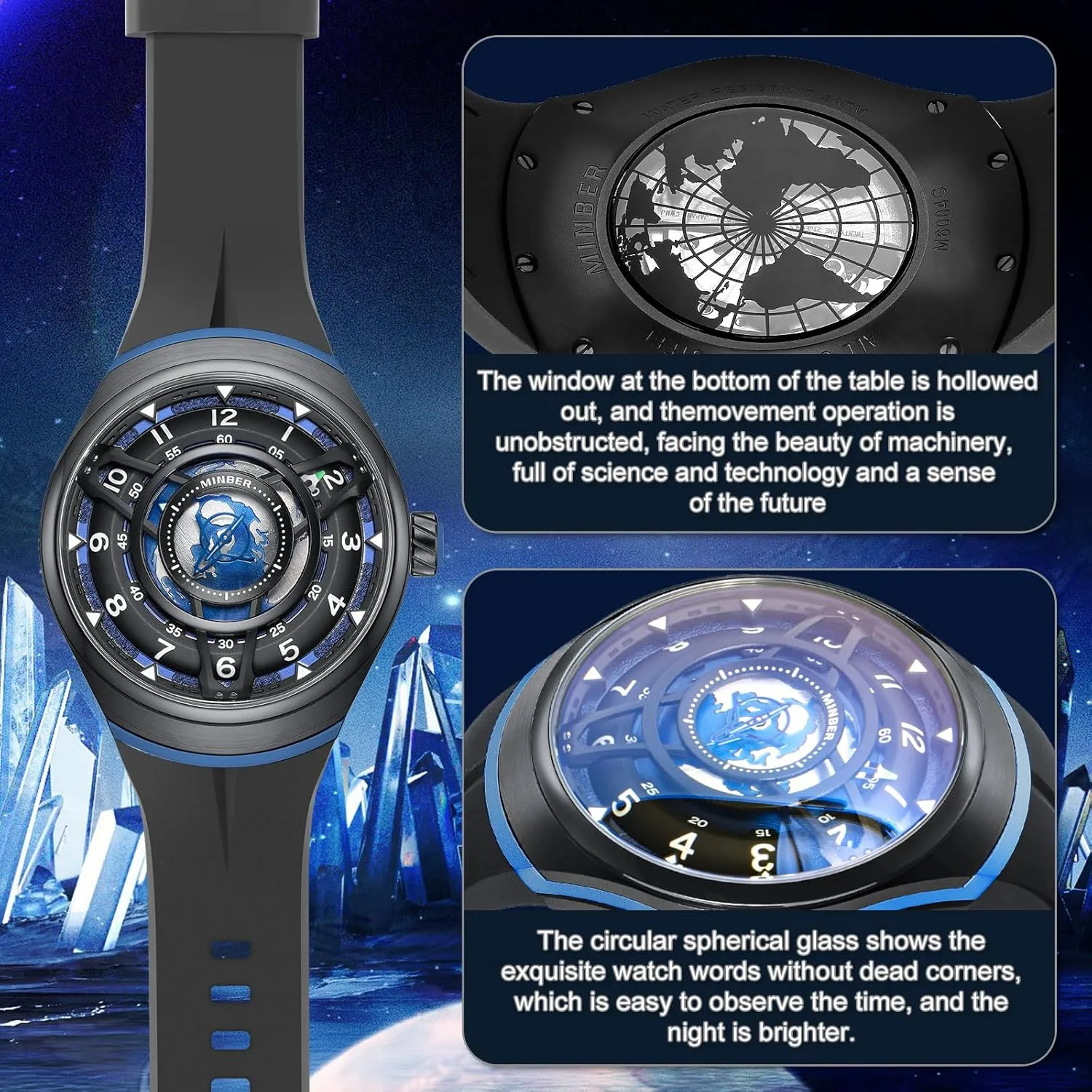with Luminous Hands, Self epidermis oppose dive Winding Watch, 3 ATM Waterproof, 316L Stainless Steel Skeleton Automatic Watch, 45mm Dial 