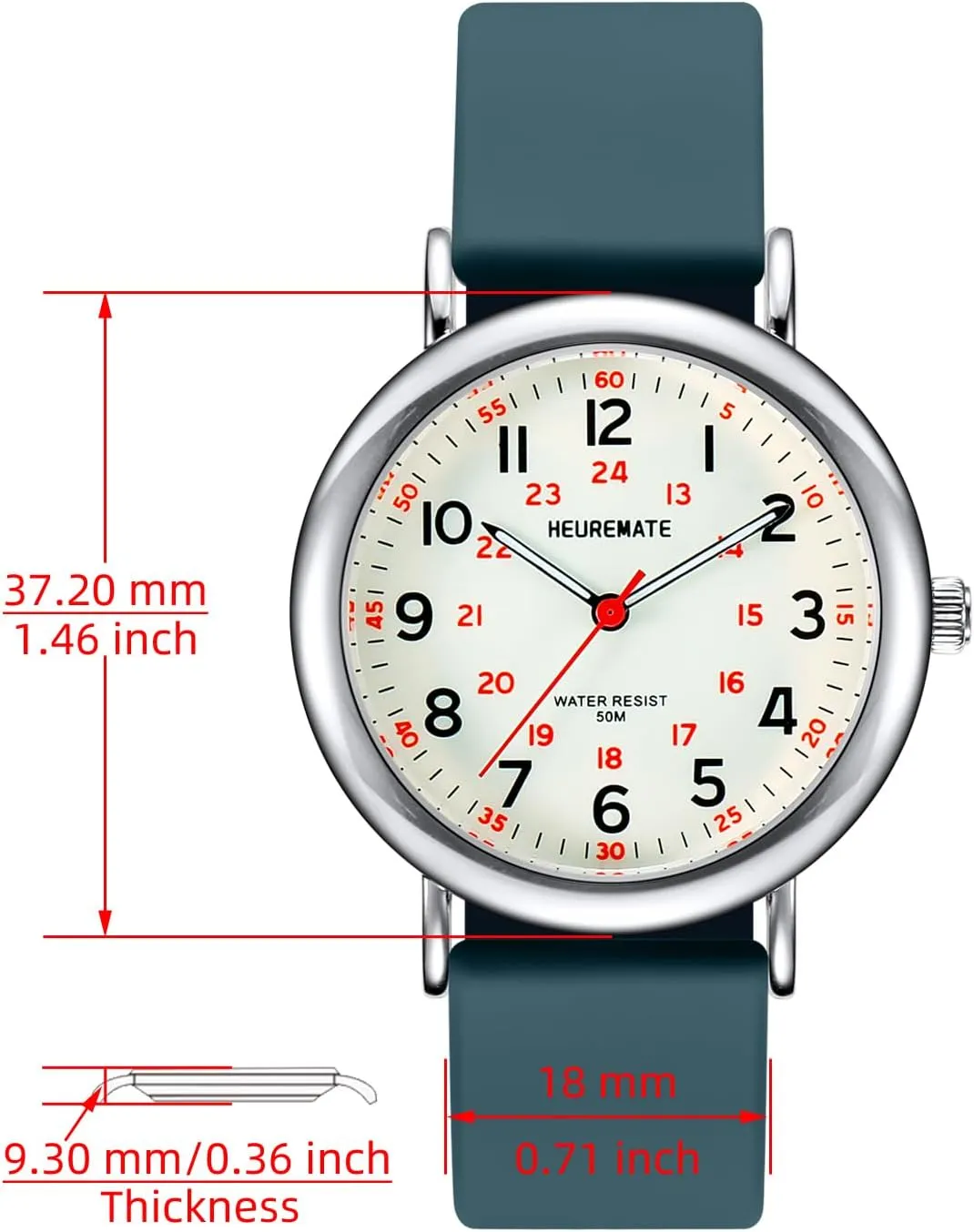 with Luminous stylize career labor pragmatic primary Easy-Read Dial, Military Time, 24-Hour Second Hand, Silicone Band for Students, Fashion Women Men 5ATM Waterproof Simple Unisex Analog Watch, Medical Professional Nurse Watch 