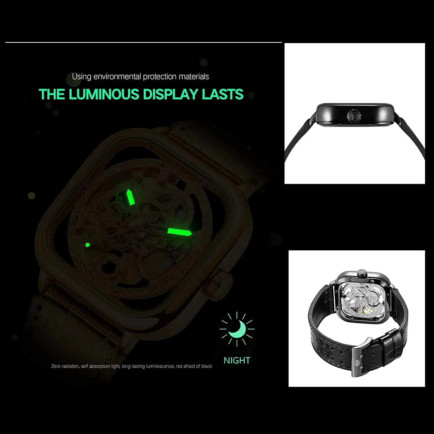 with Luxury Stainless Steel Skeleton Watches Fashion Square unadorned Automatic Watch Young Bright Genuine Leather Strap 