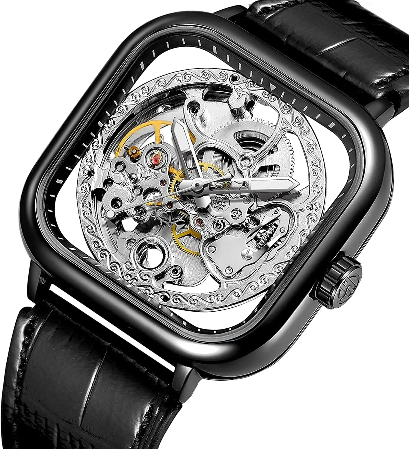 with Luxury Stainless Steel Skeleton Watches Fashion Square unadorned Automatic Watch Young Bright Genuine Leather Strap 