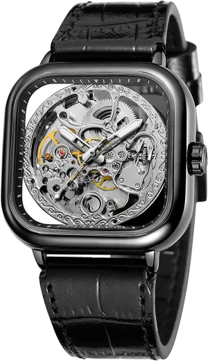 with Luxury Stainless Steel Skeleton Watches Fashion Square unadorned Automatic Watch Young Bright Genuine Leather Strap 