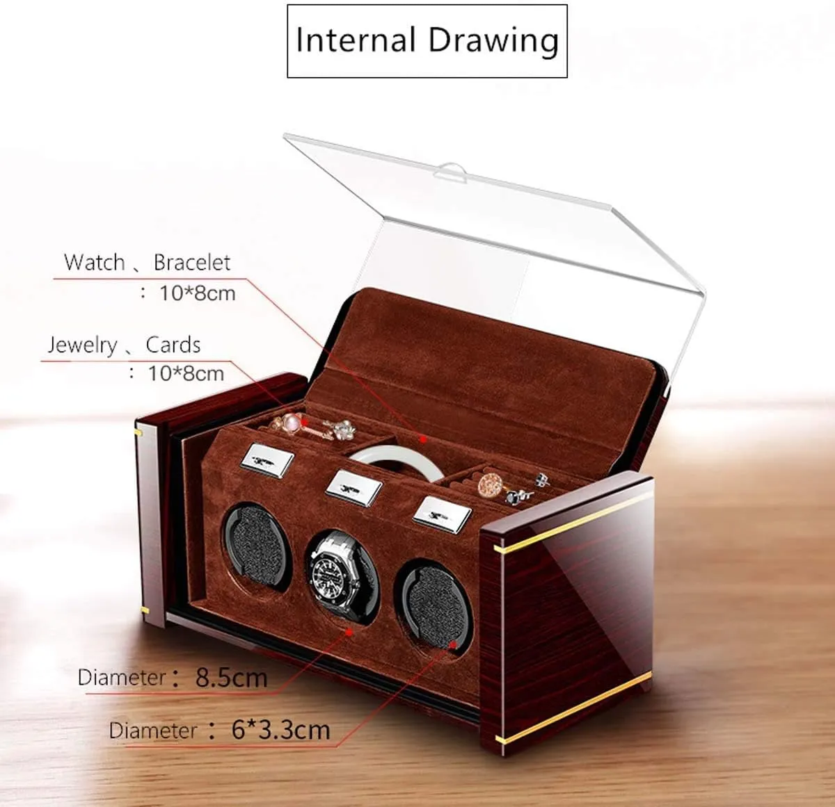 with Quiet Motor High-end Piano Lacquer Mechanical Watch Winder Solid Wood Box with Jewelry Drawer Watches Display reconstruction (A) Automatic Watch Winder - Watch Winder Box for 3 Watches 