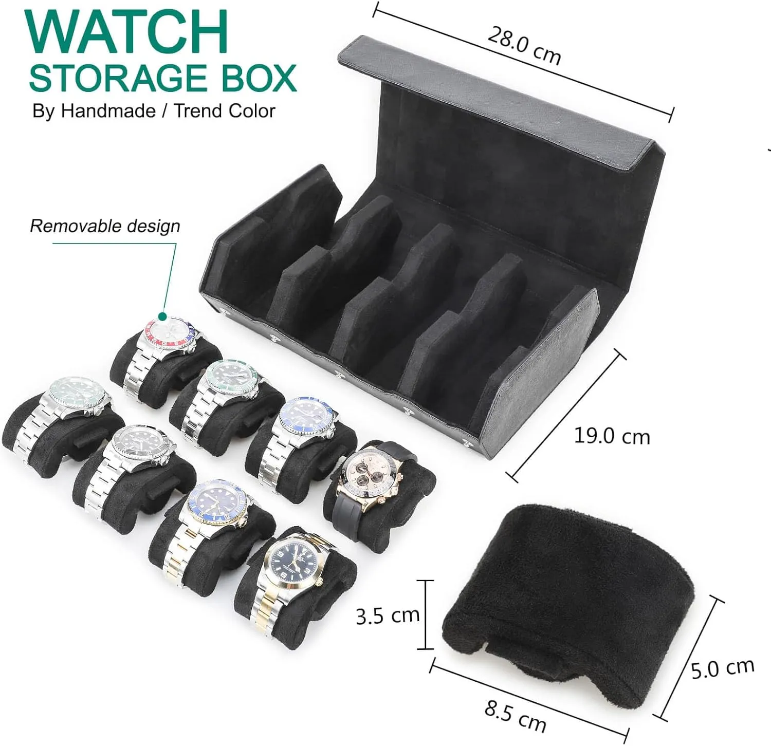 with Removable Pillow Cushion for Treasured Watches and Bracelets-Black inflow anaerobic none syllable Hiram Genuine Leather Hexagon Watch Roll Travel Case, Leather 8-Watches Roll Case 