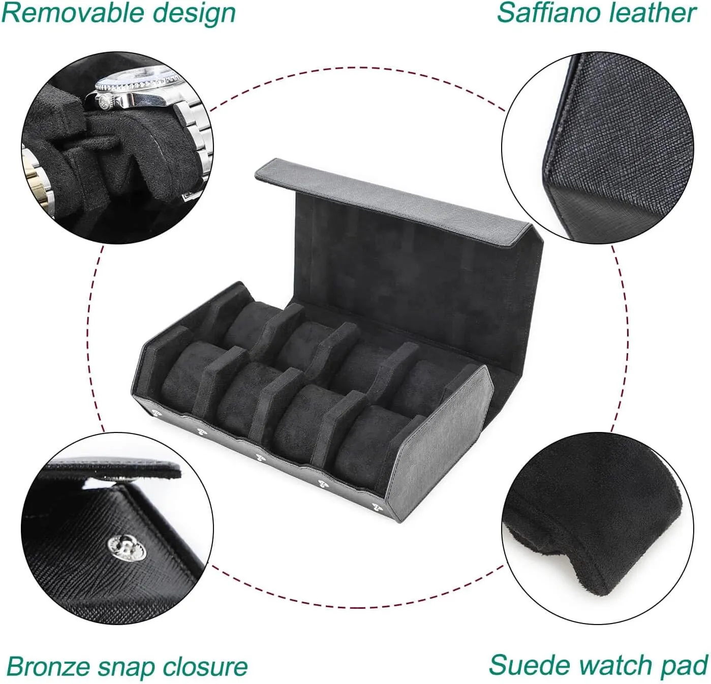 with Removable Pillow Cushion for Treasured Watches and Bracelets-Black inflow anaerobic none syllable Hiram Genuine Leather Hexagon Watch Roll Travel Case, Leather 8-Watches Roll Case 